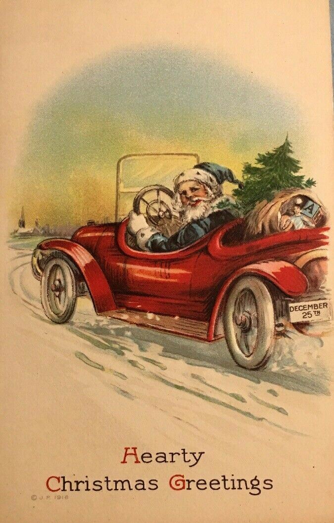 Christmas Santa Red Classic Car Postcard c1916
