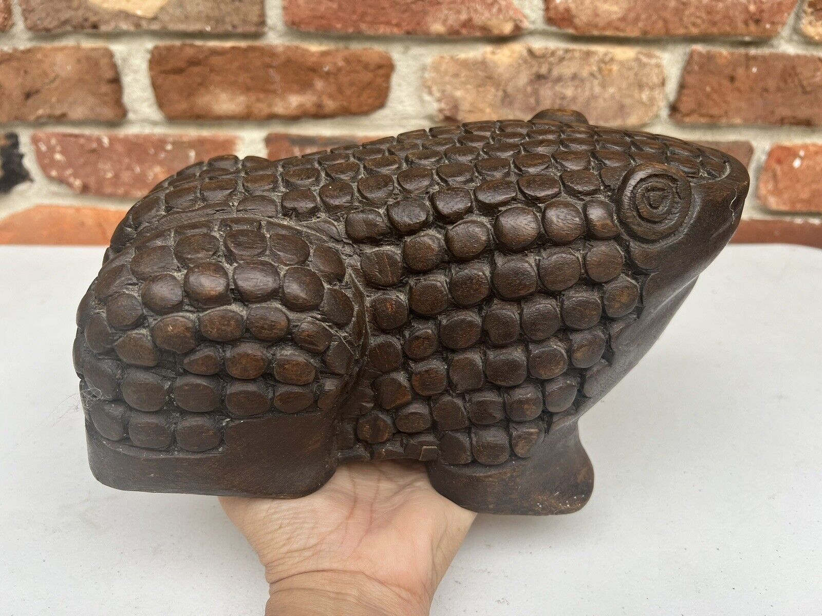 Vintage Big Toad Frog Hand carved wood unique ornate detailing