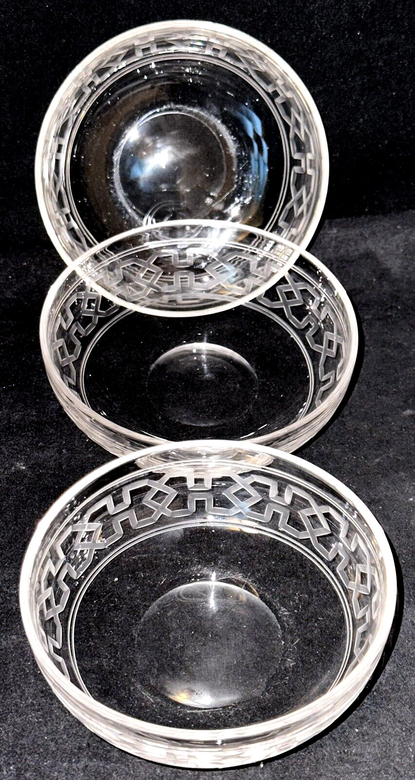 Set 3 Antique Elegant Sauce Bowls Etched Geometric Boston Sandwich Glass Museum