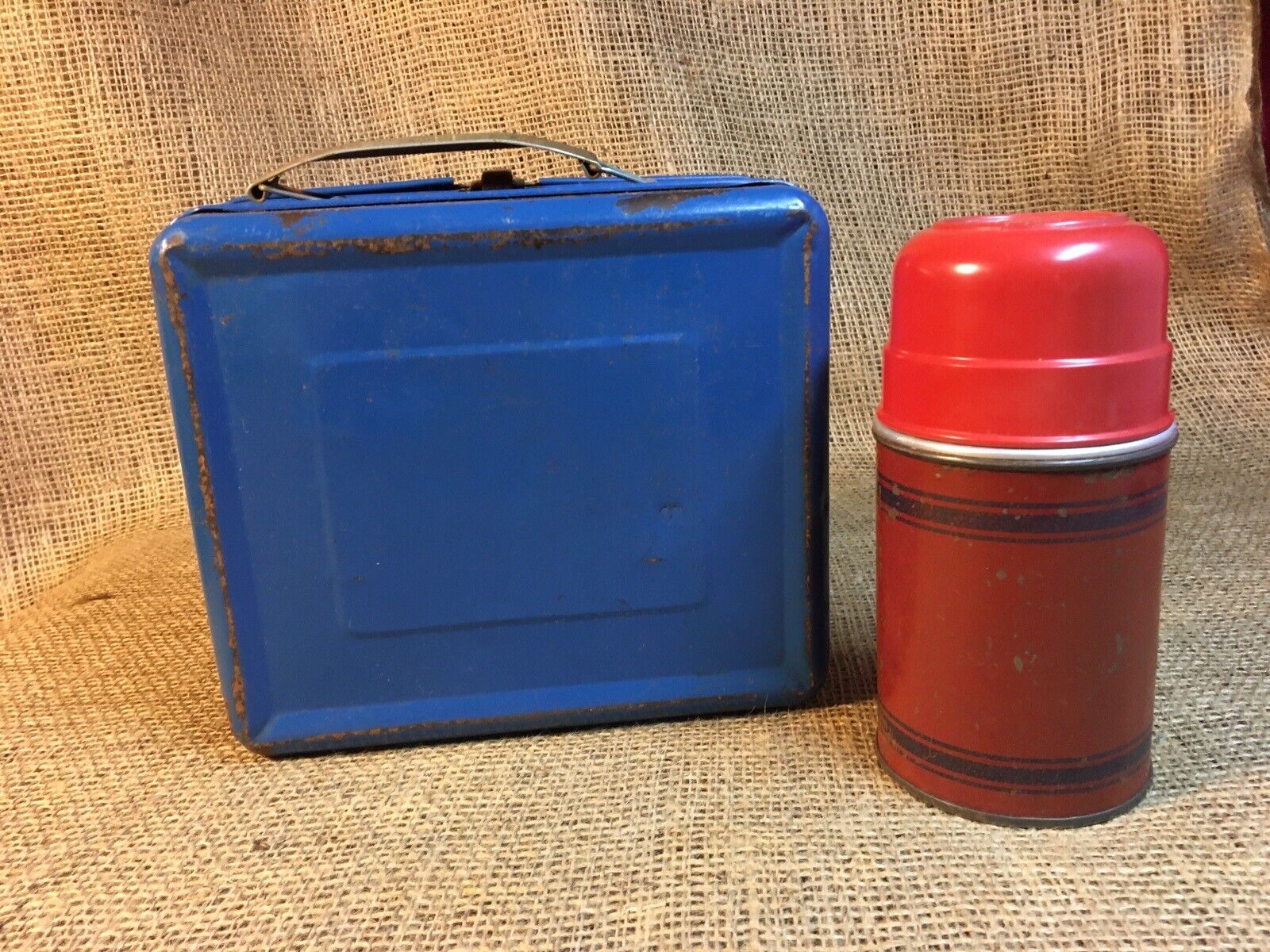 Vintage Child’s Blue Metal Lunchbox and Thermos with Wooden Cork