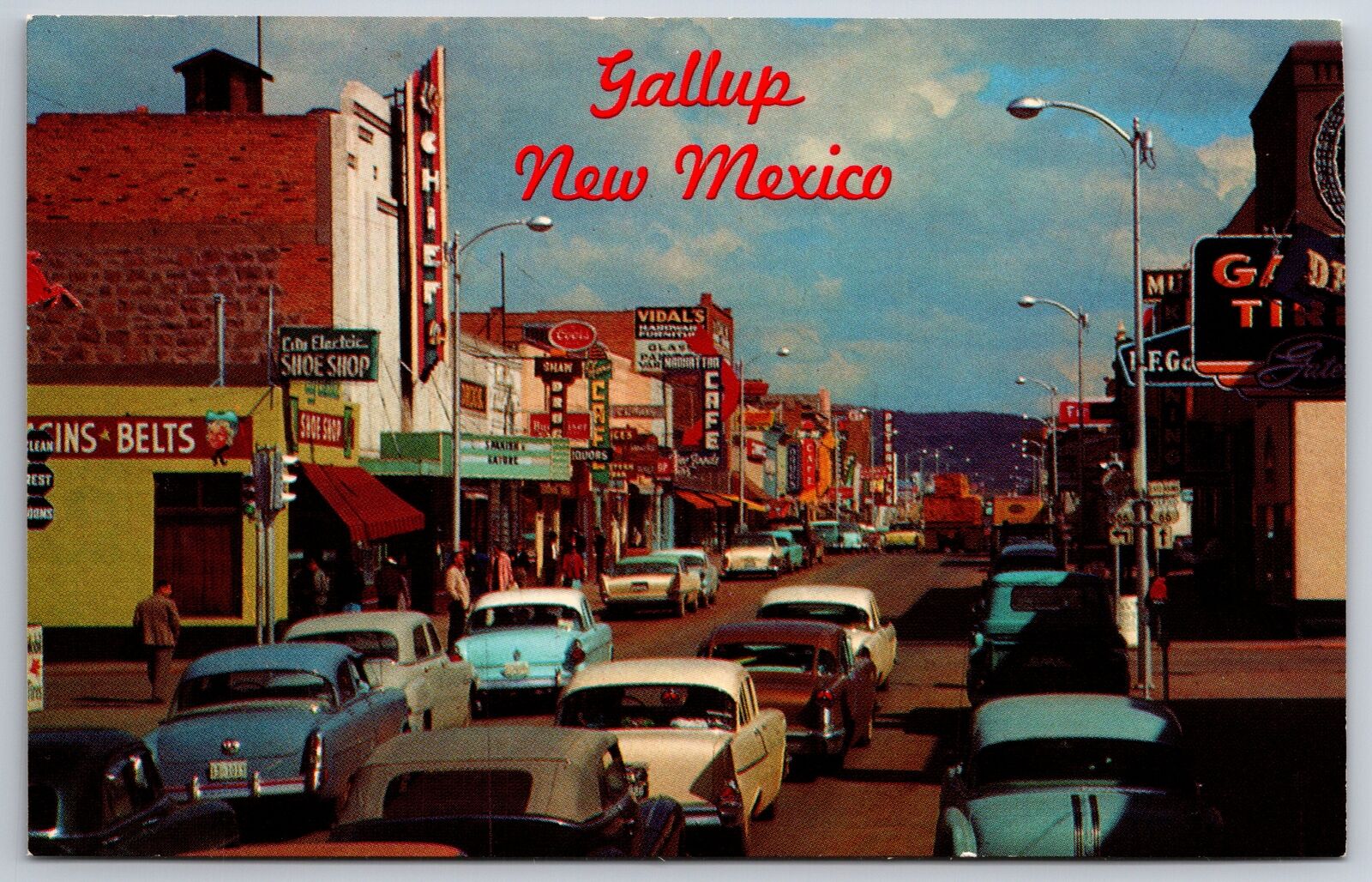 Gallup New Mexico~Main Street~Route 66 Road Sign~Classic Cars~1950s Postcard