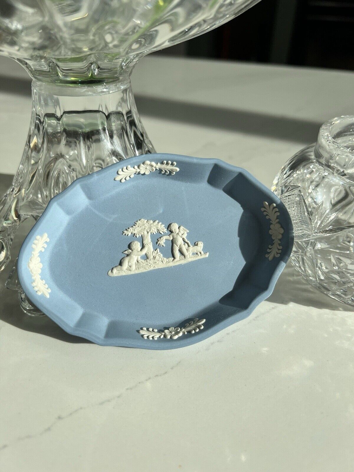 SIGNED Vintage Blue Jasperware WEDGWOOD oval Trinket Dish with Cherubs Cupid