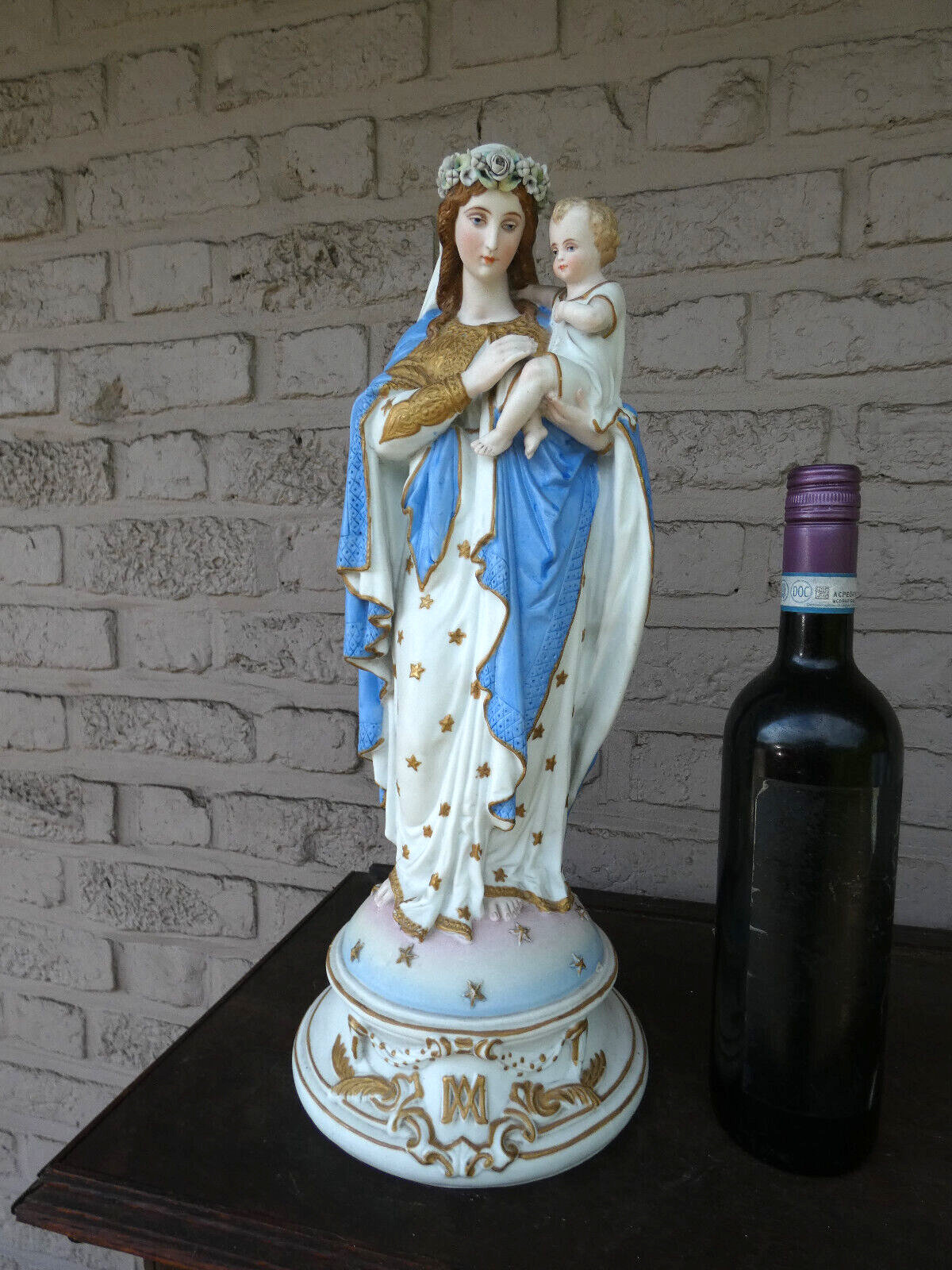 Antique LArge French bisque porcelain madonna child statue marked  rare