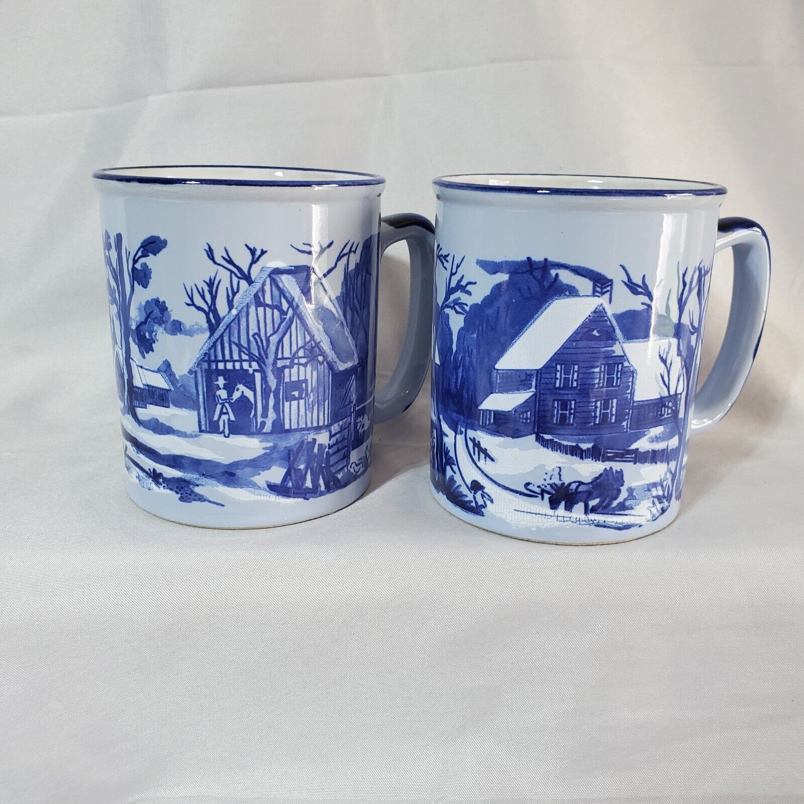 Vintage Set Of 2 Pair Of Blue Cobalt Classic Mugs Winter Scene 