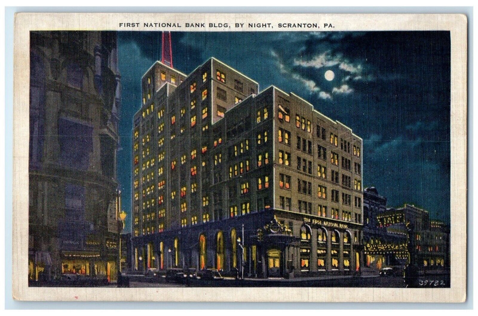 c1930's First National Bank Bldg. By Night Scranton Pennsylvania PA Postcard