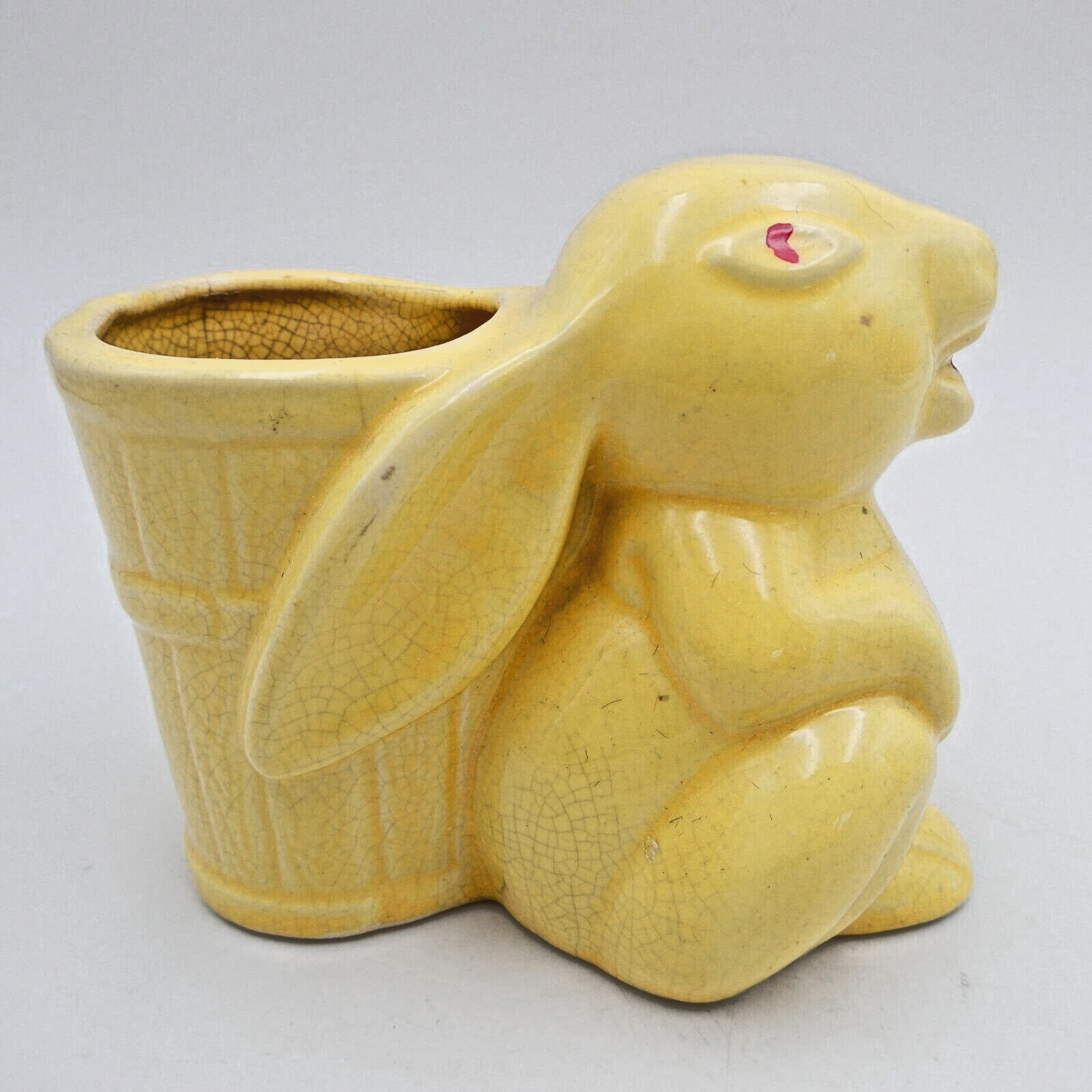 Vintage Uhl Pottery Stoneware Yellow Bunny Rabbit Basket Planter 1940s