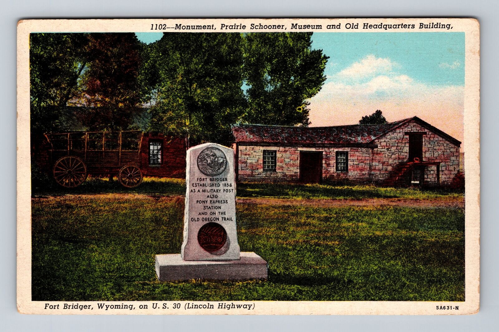 Fort Bridger WY-Wyoming, Monument, Prairie Schooner, Antique, Vintage Postcard