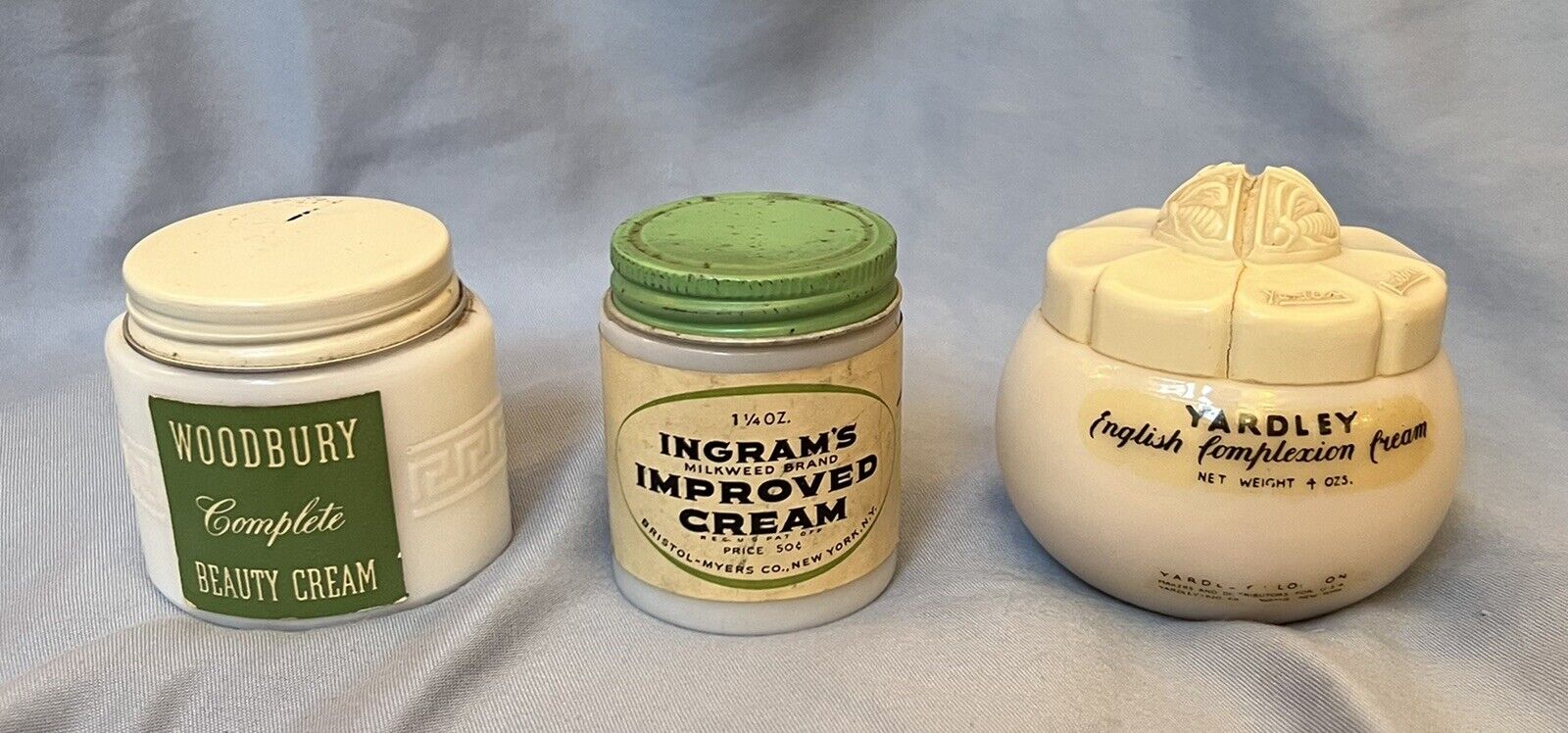 Lot of 3 Vintage Beauty Cream Jars-2 are NOS; 1 is Partial Nice Labels Good Cond