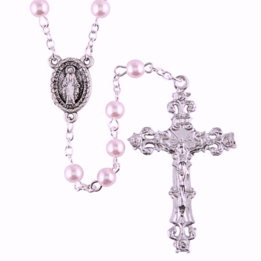 Holy Lines Miraculous Medal Pink Imitation Pearl Rosary