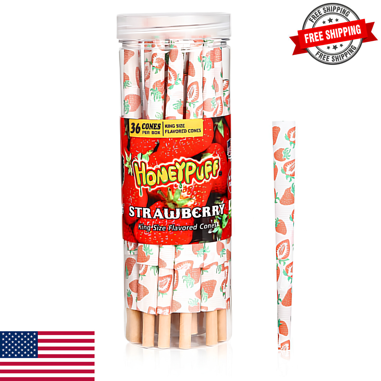 HONEYPUFF Classic King Size Strawberry Flavored Rolled Cones Cigarette Paper48pc