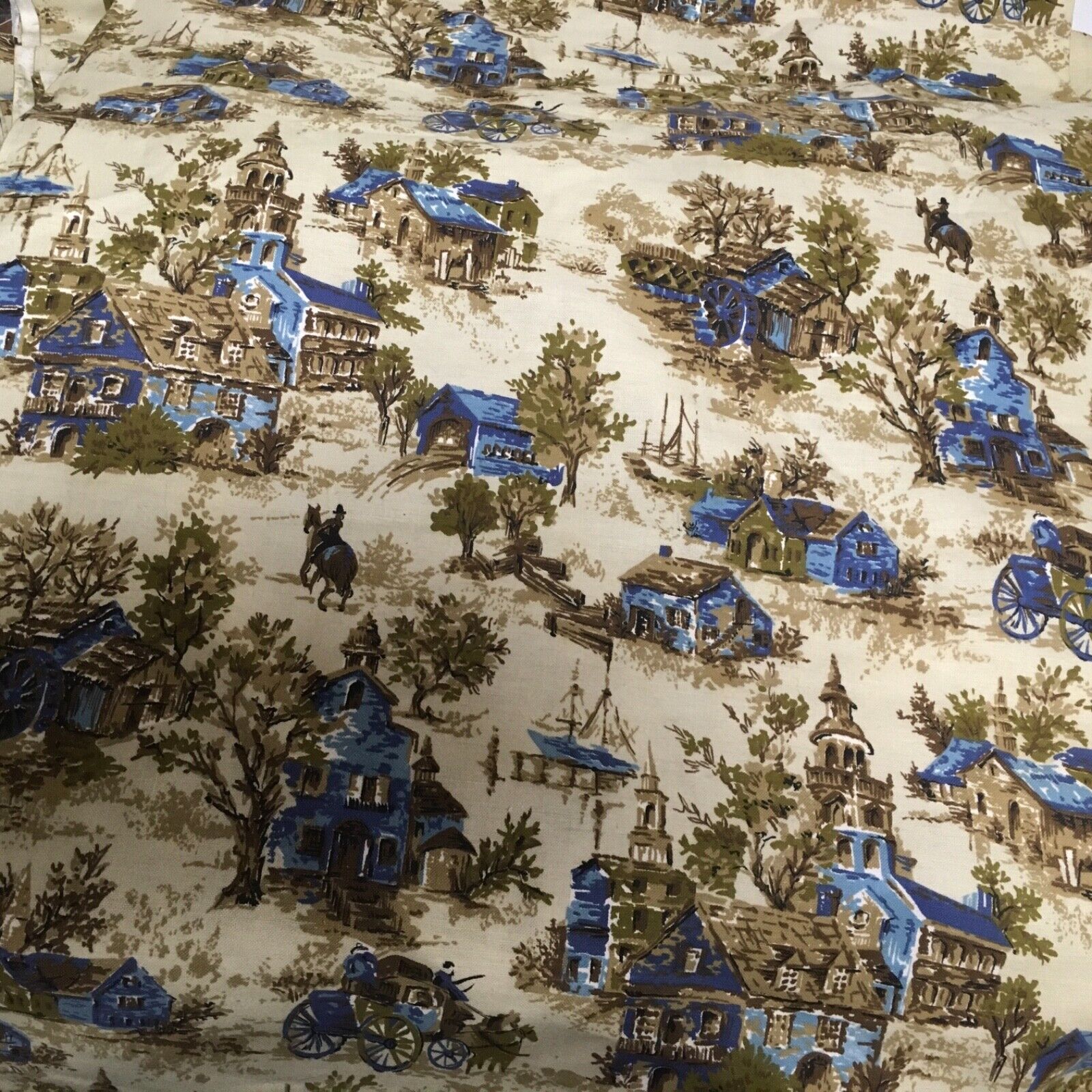 Vintage Toile Fabric Horse Drawn Carriage Horse Village Ship  Equestrian 15 Yd
