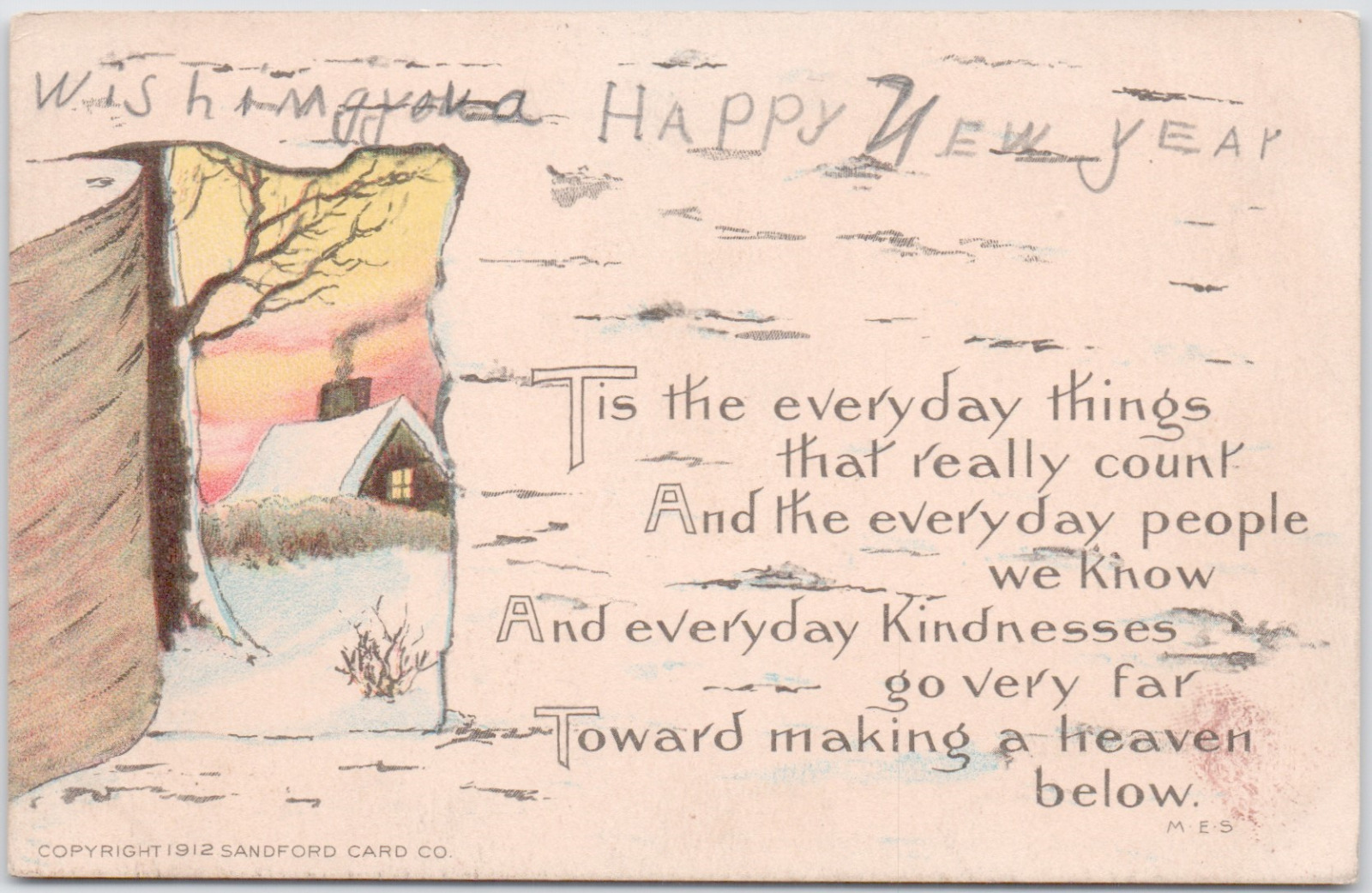 Vintage Happy New Year Birch Bark Home Snow Sunset Sanford Card Antique Postcard