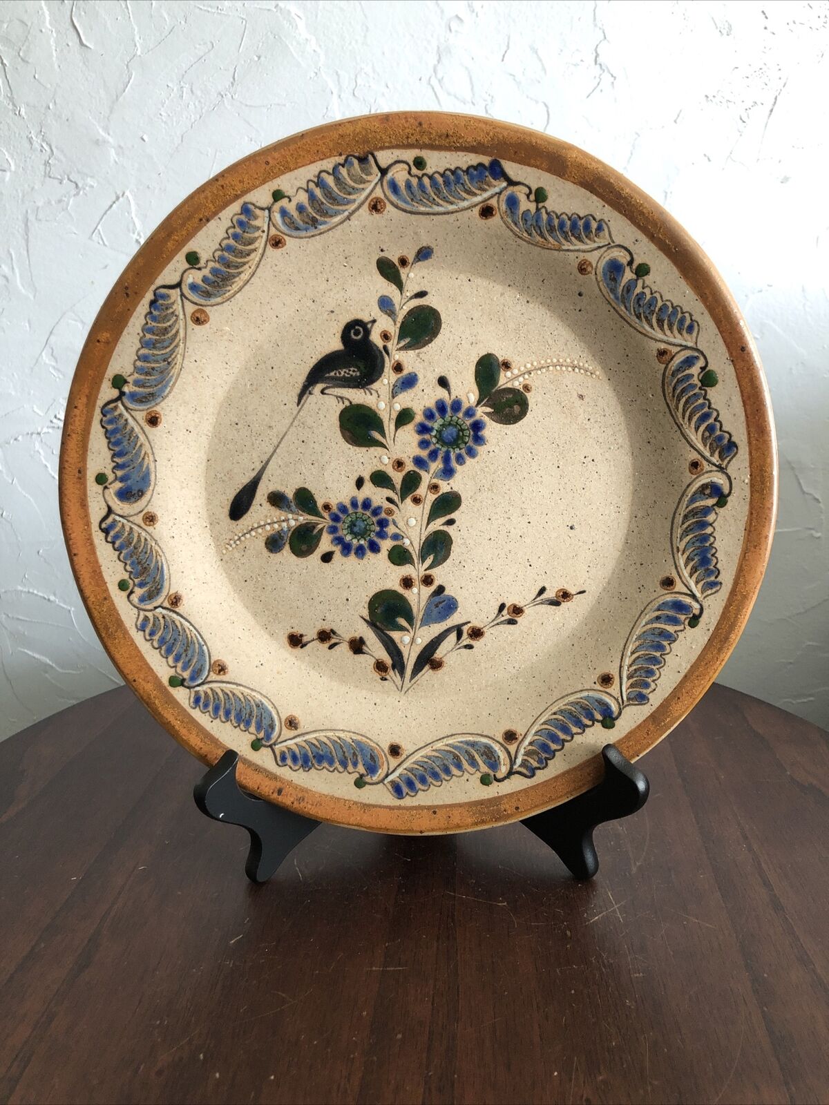 Mexican pottery BERNABE Tonala Vintage Bird & Flowers Plate  11.25”