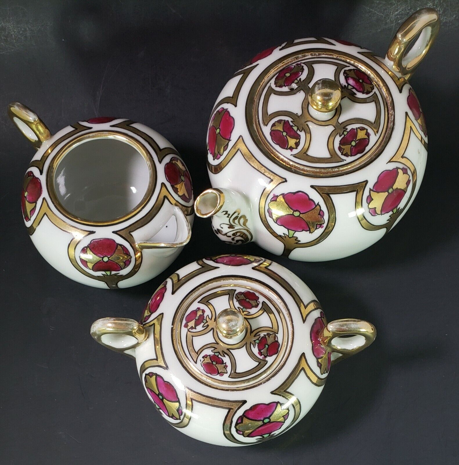 Japan Ceramic Gold Gilded Teapot Sugar Bowl, Creamer, Hand Painted 5 pc Vintage 
