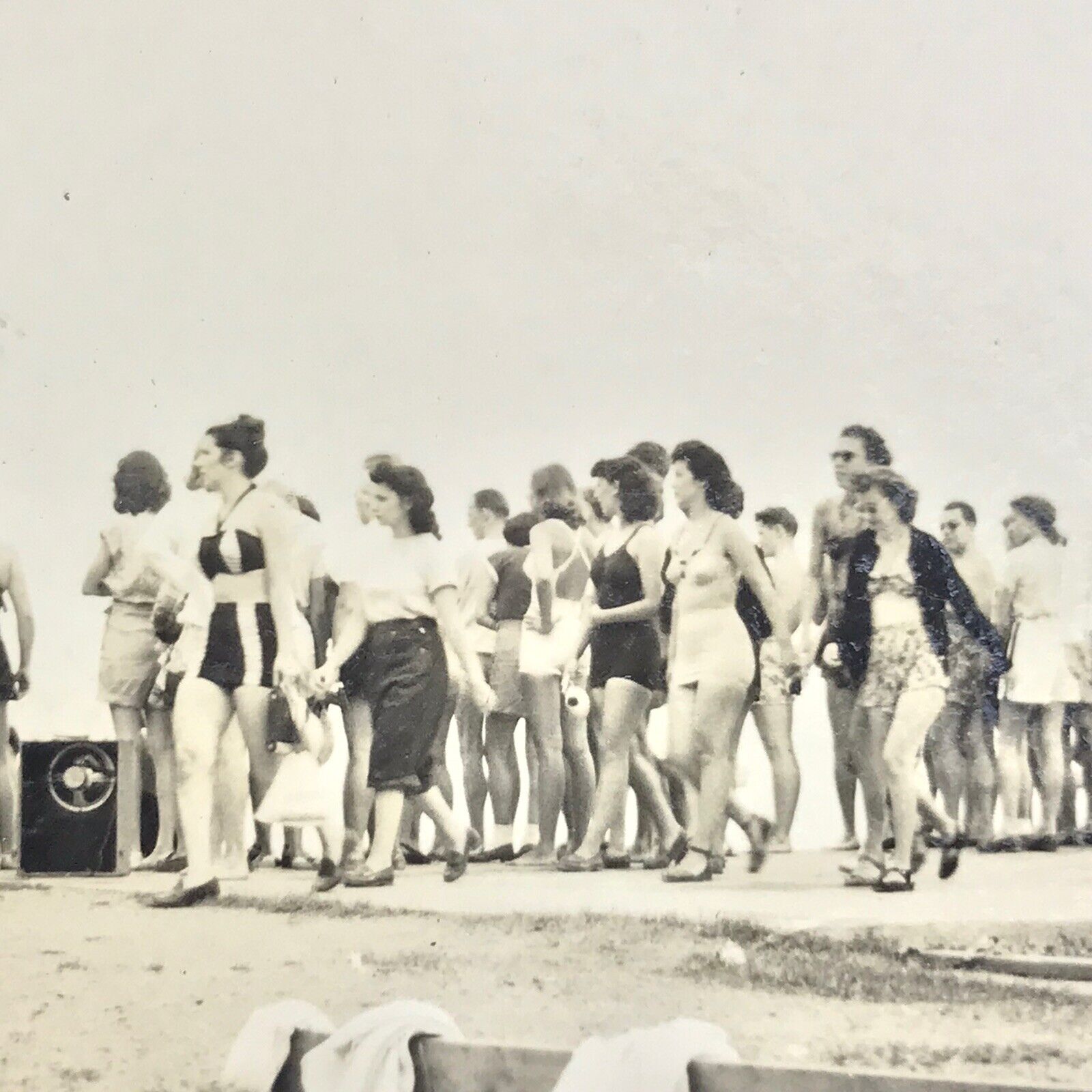 Old Original Photo BW Vintage Photograph Crowded Beach Scene 1945