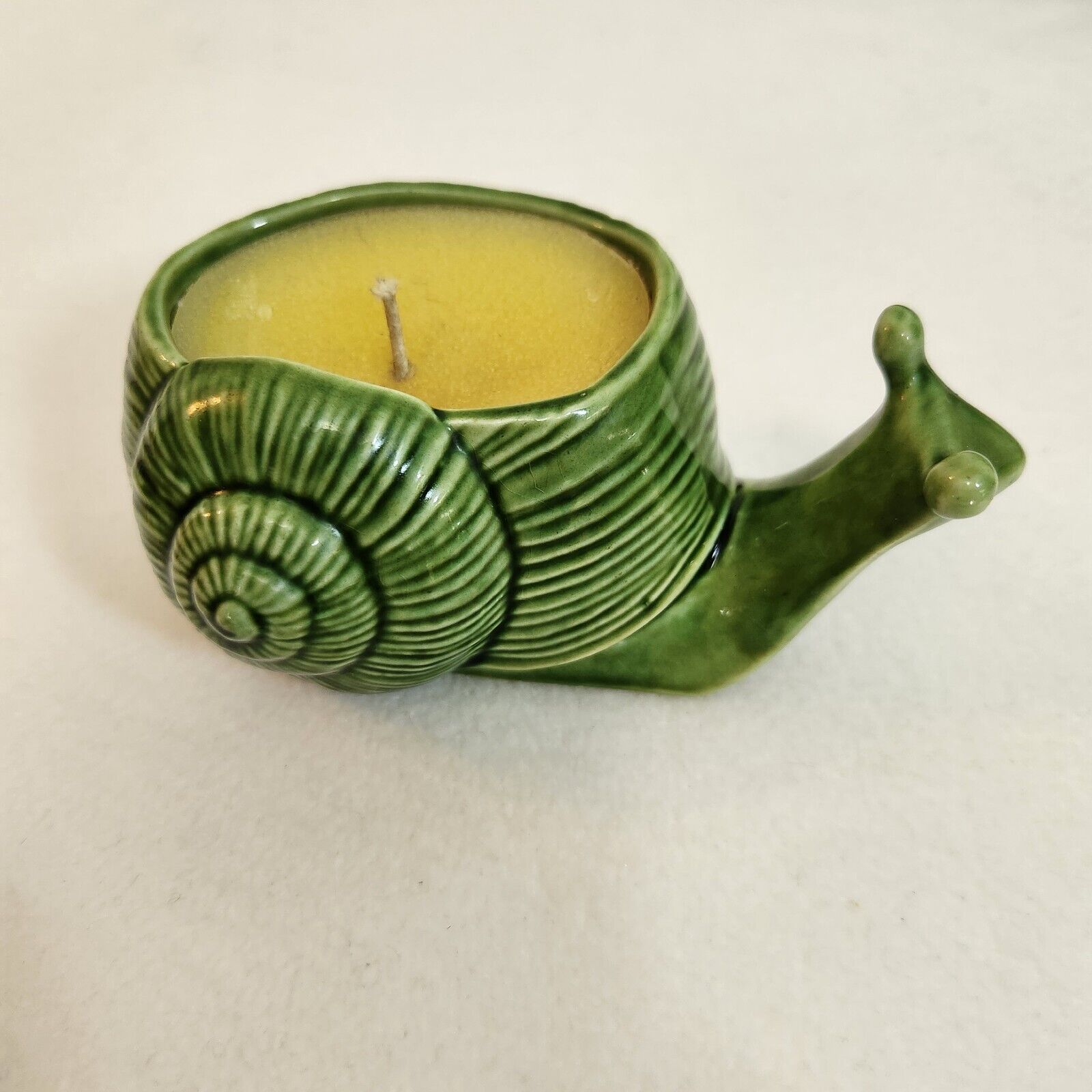 Vintage MCM 60\'s Green Ceramic Collectible Handmade Snail Shell Planter w Candle