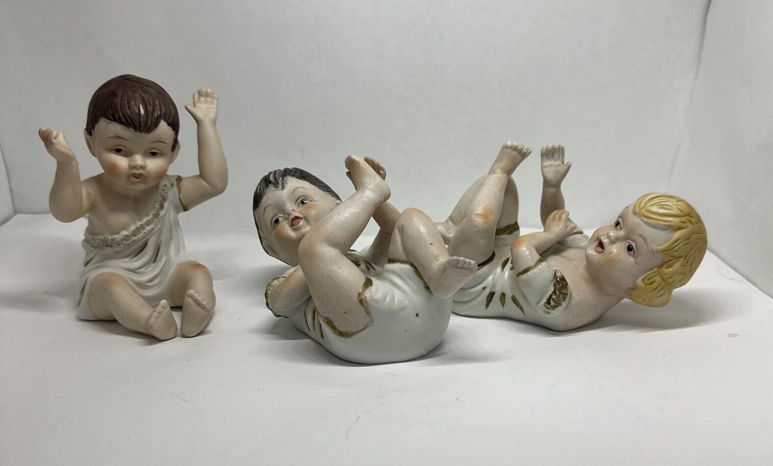 3 Bisque Porcelain Piano Babies Vintage Excellent Condition Made In Taiwan