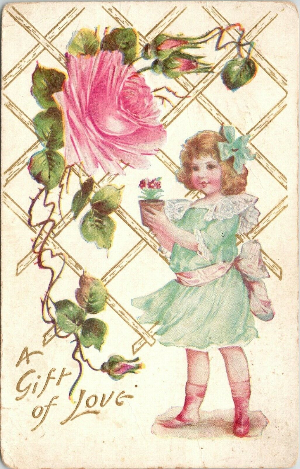 C.1909 Adorable Girl W Giant Pink Rose Fantasy GIFT OF LOVE Embossed Postcard 79