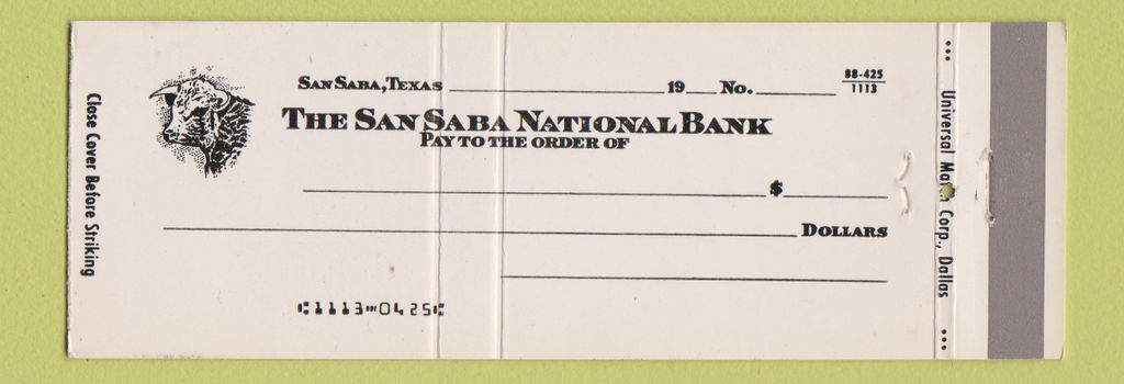 Matchbook Cover - San Saba National Bank TX Full Length