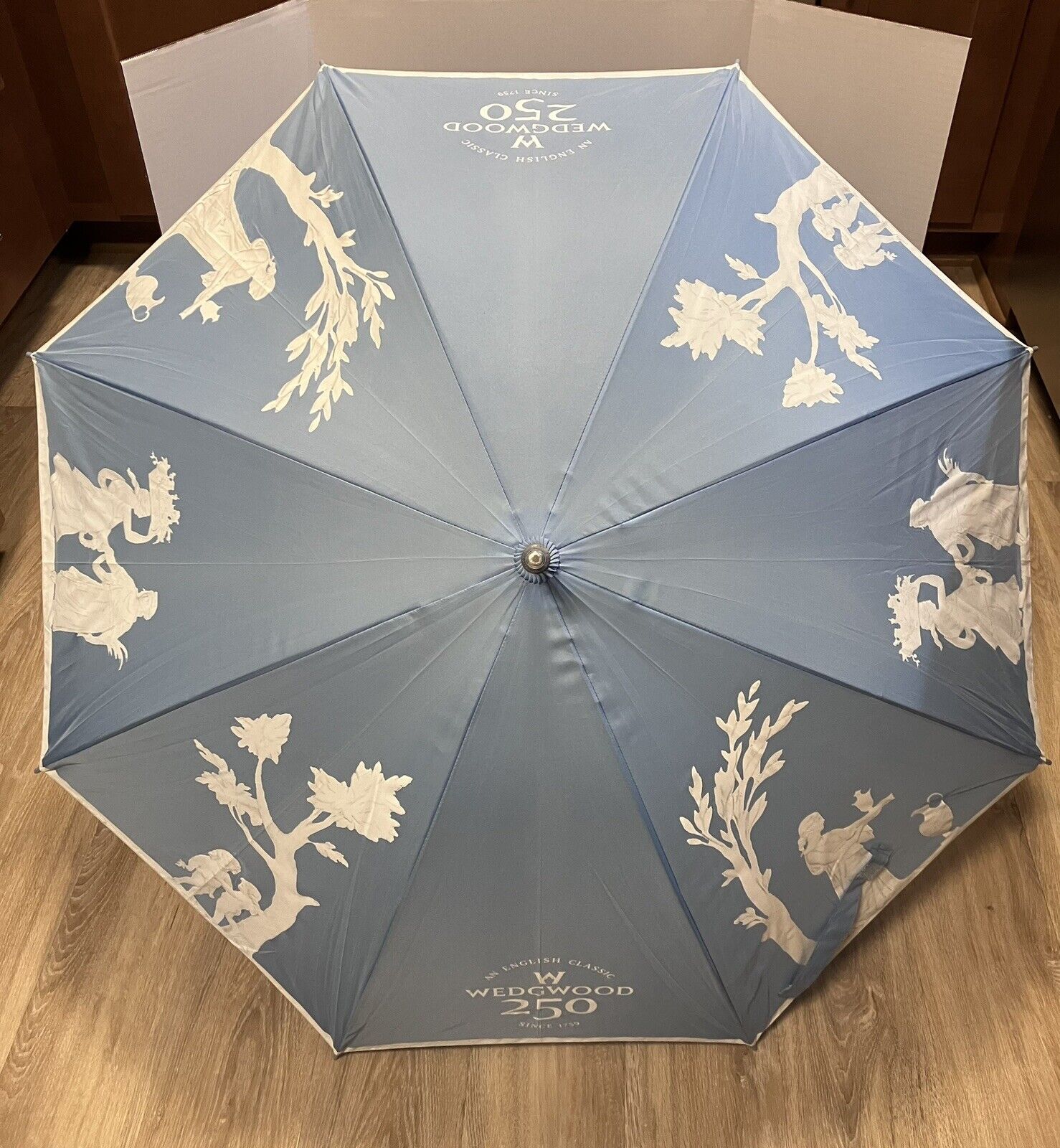 Wedgwood 250th Anniversary Rain Umbrella w/ Classical Scenes Light Blue & White