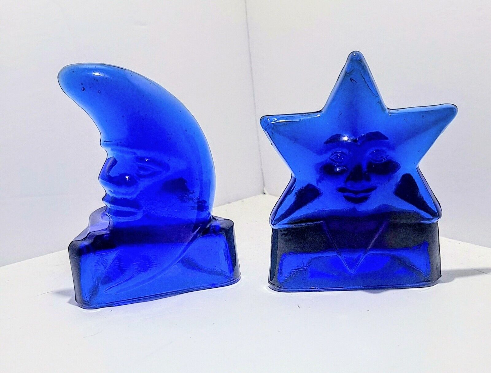 Vintage Cobalt Blue Glass Celestial Moon & Sun Votive Tealight Candle Holders