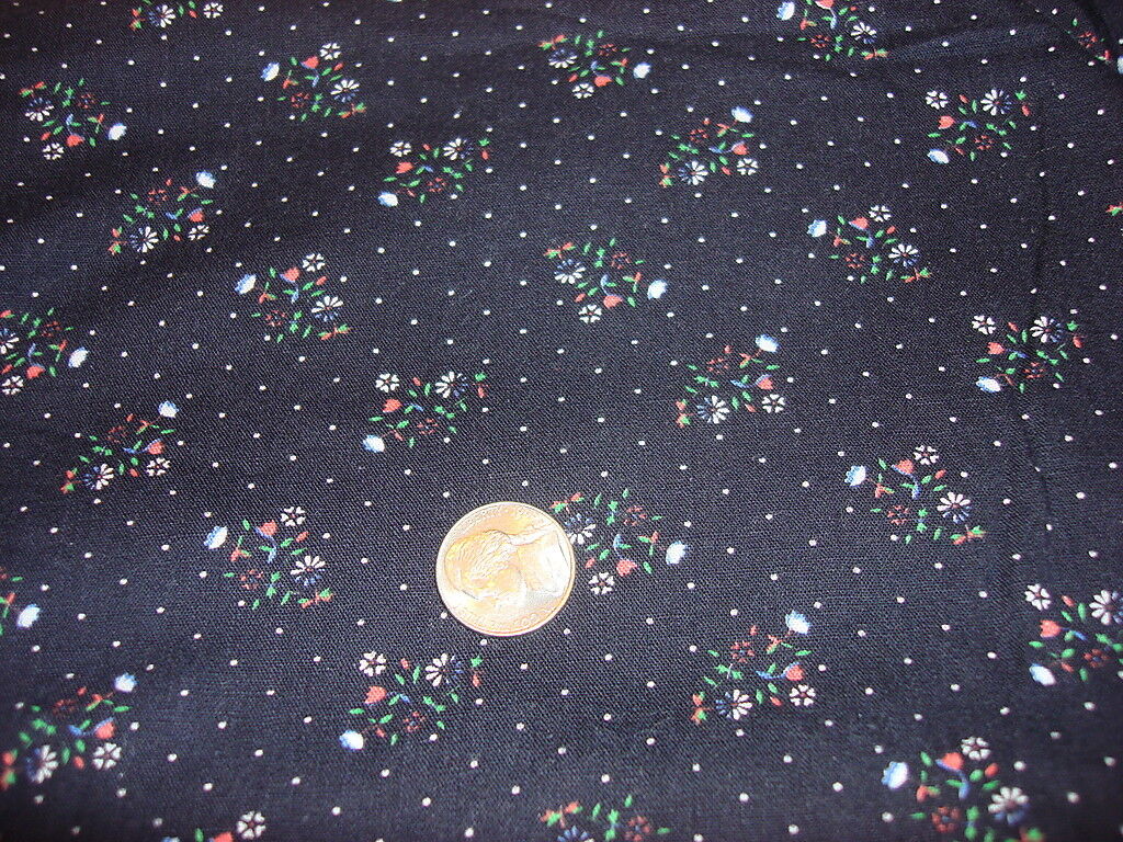 Vintage Cotton Fabric SMALL FLORAL BOUQUETS ON BLACK WITH WHITE DOTS 1 Yd/44\