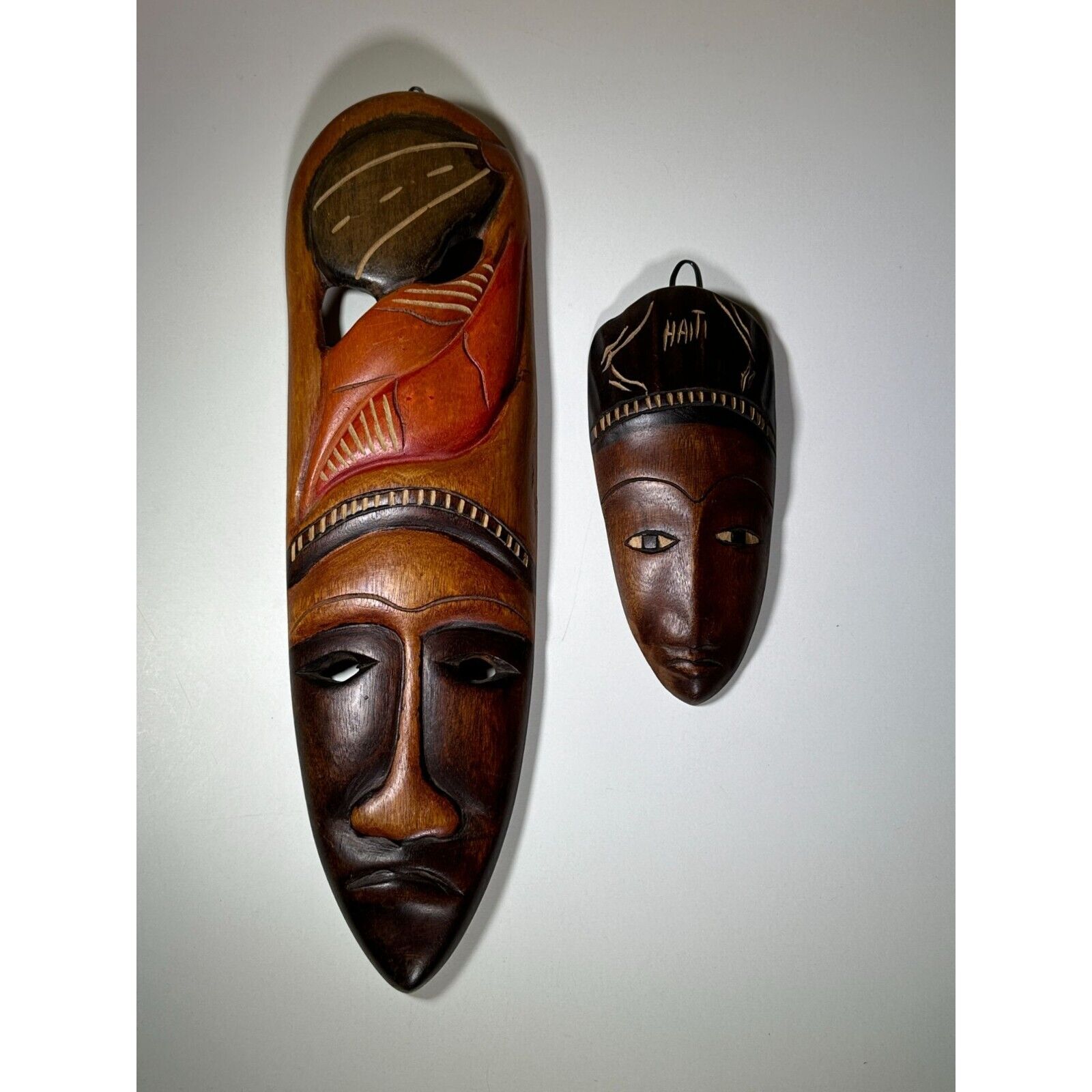 Vintage Hand Carved Haitian Wooden Tribal Art Haiti Tribal Mask Set of 2