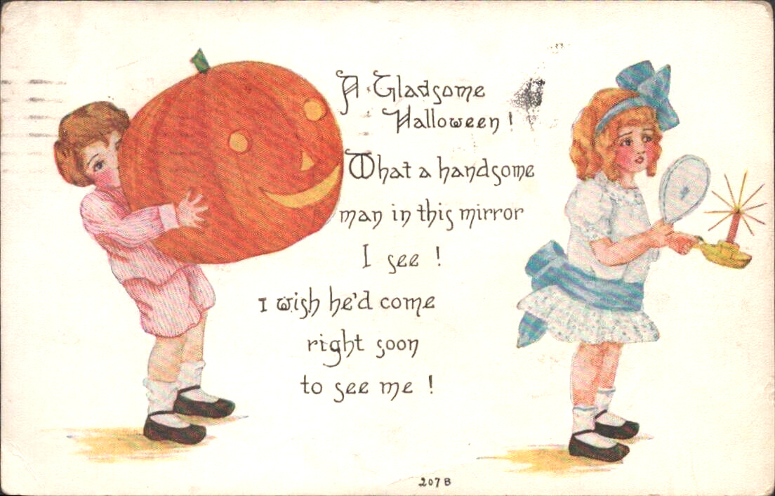 1922 A GLADSOME HALLOWEEN antique illustrated postcard JACK-O-LANTERN PUMPKIN
