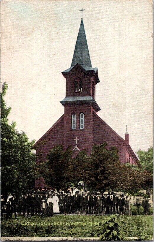 Vintage Postcard Catholic Church Hampton MN Minnesota Congregation 1913    D-287