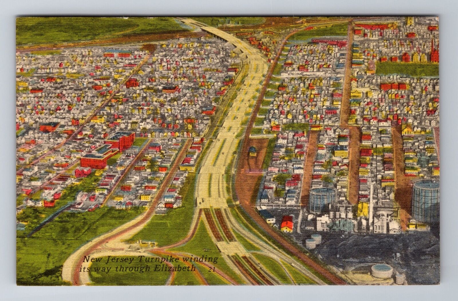 Elizabeth NJ-New Jersey, Aerial View Of Turnpike, Vintage c1954 Postcard
