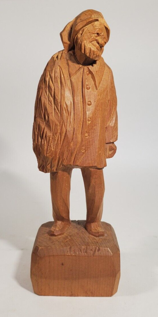 Vintage Hand Carved Signed Wood Figurine Elderly Man Sack & Beard Signed on Base