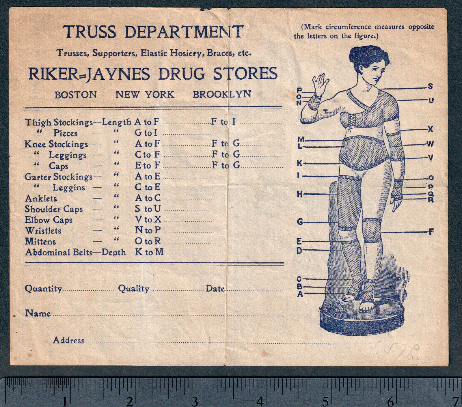 Riker-Jaynes Drug Stores Antique Surgical Garter Elastic Truss NY MA Trade Card