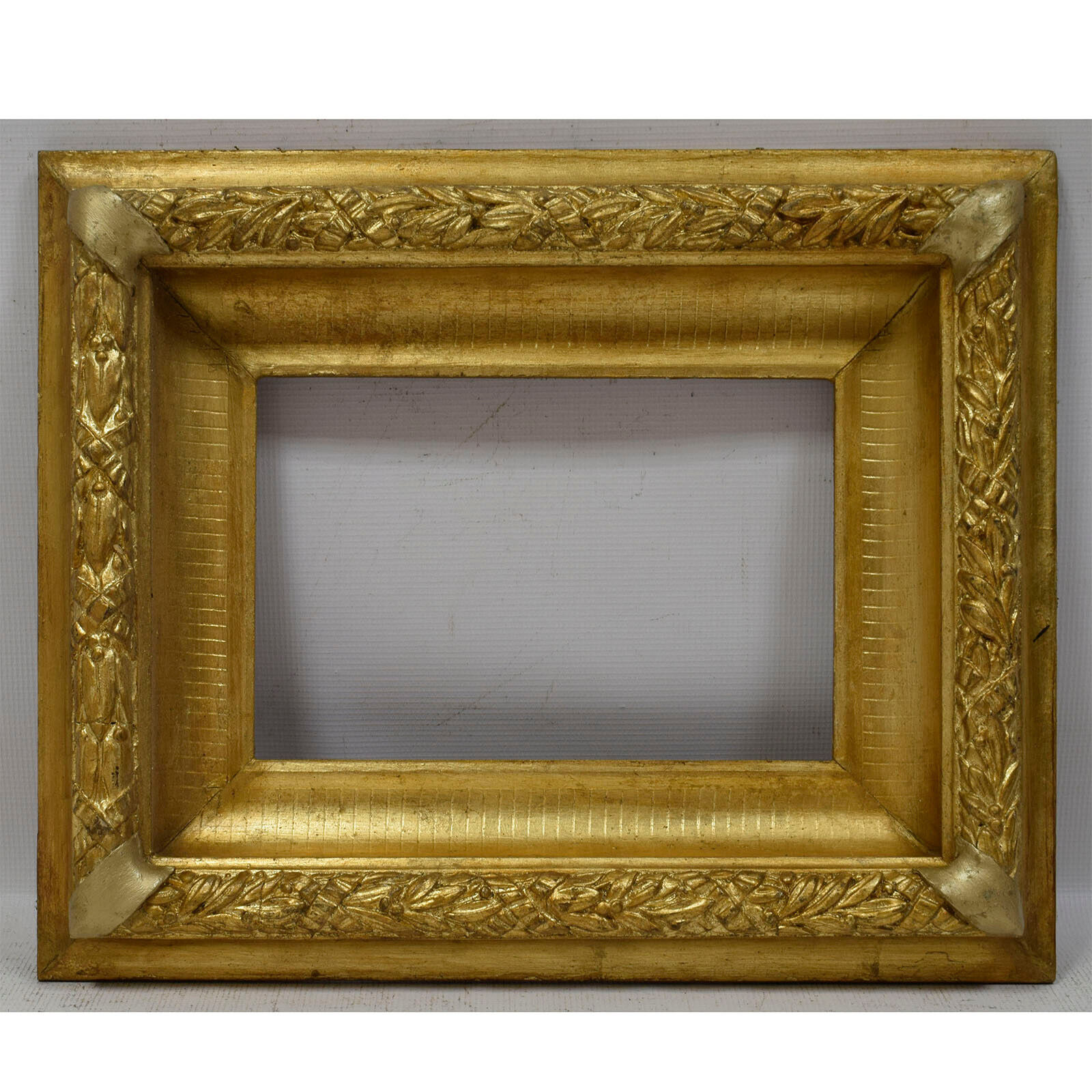 Ca.1850-1900 Old wooden frame with metal leaf Internal: 12.5x8.2 in
