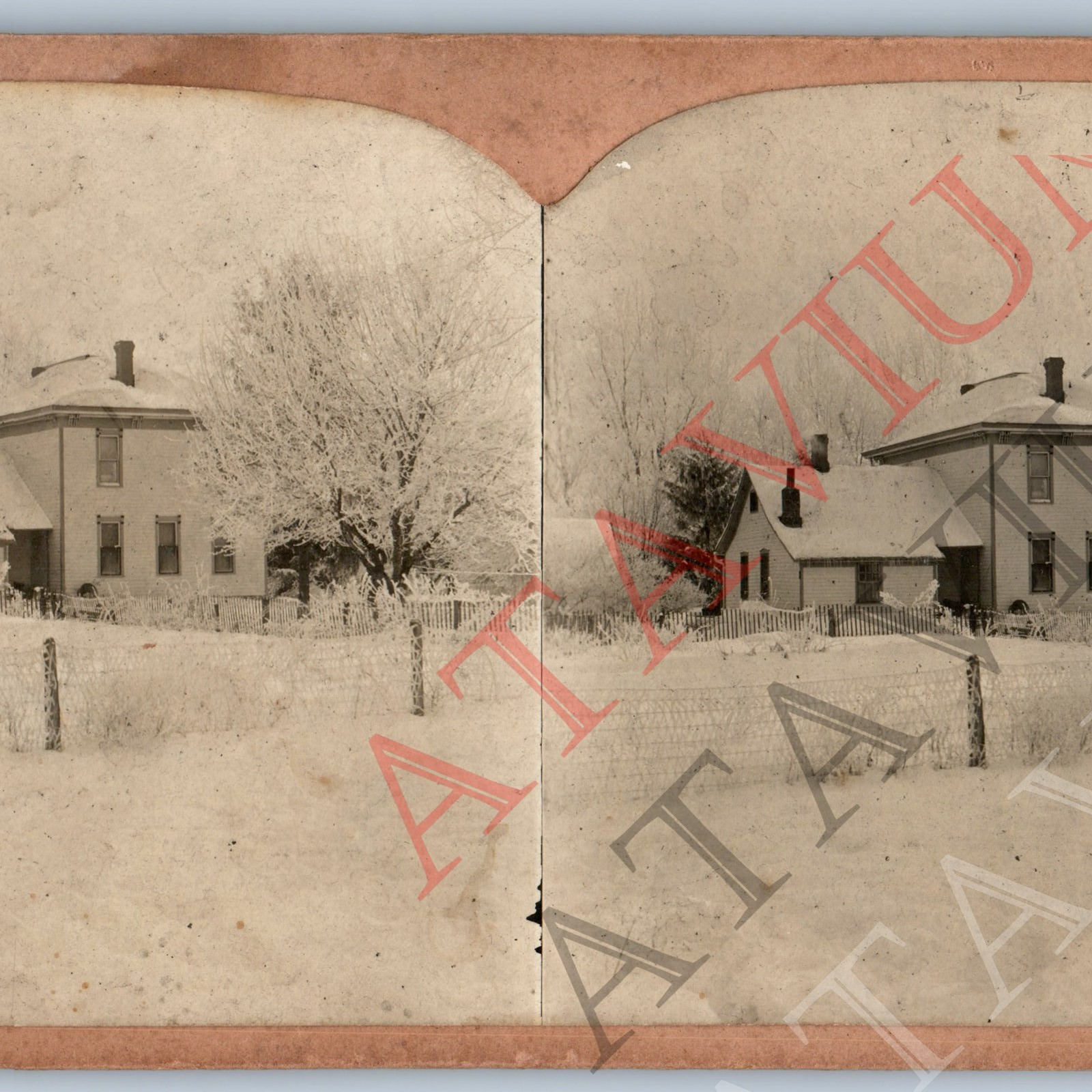 c1900s Generic Farm House Winter Real Photo Stereoview Homestead Unbranded V42