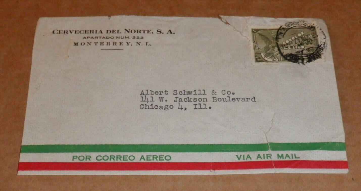 1947 CERVECERIA DEL NORTE MEXICO ENVELOPE ALBERT SCHWILL BEER CERVEZA MONTERREY