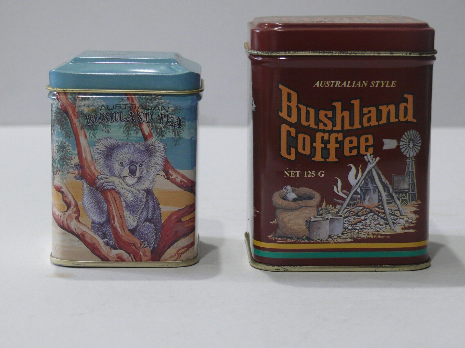 VINTAGE AUSTRALIAN BUSHLAND COFFEE AND TEA TINS.