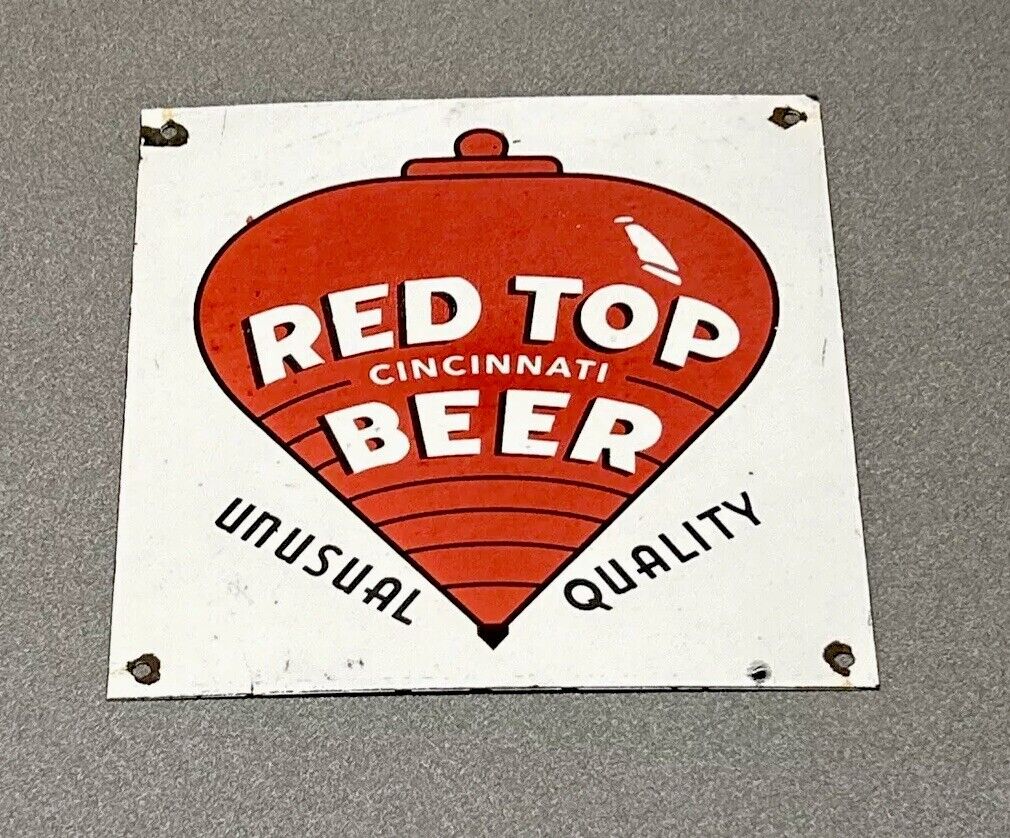 VINTAGE 12” RED TOP BEER ALCOHOL PORCELAIN SIGN CAR GAS