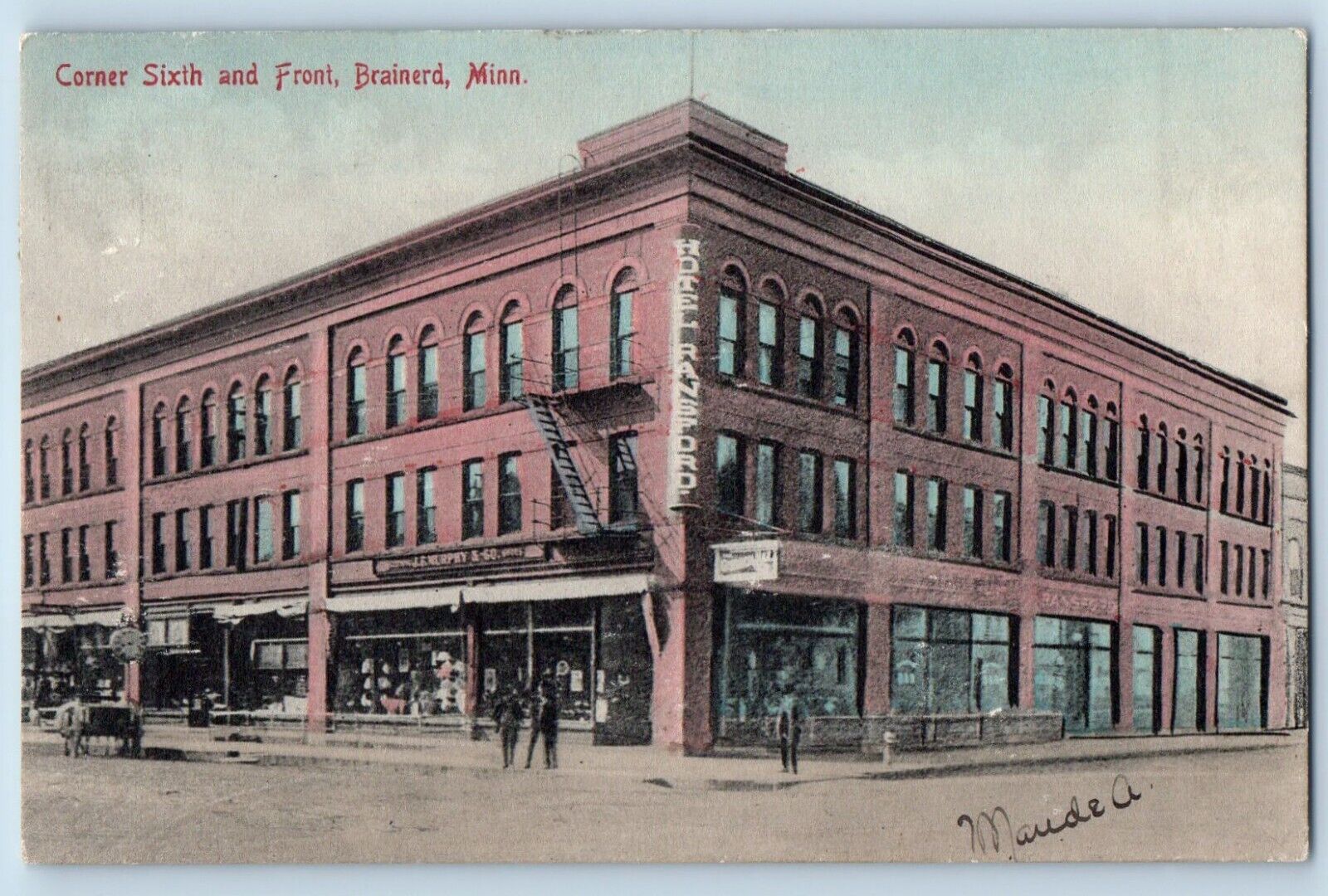 Brainerd Minnesota Postcard Corner Sixth Front Building Street Scene 1908 Posted