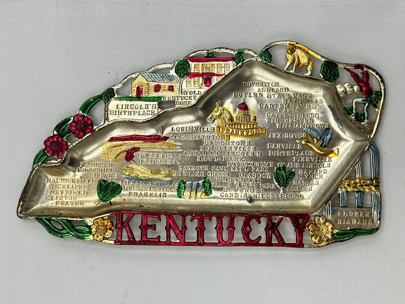 Vintage 1950-60's Kentucky Metal Souvenir Ashtray Trinket Dish Coin Tray Japan