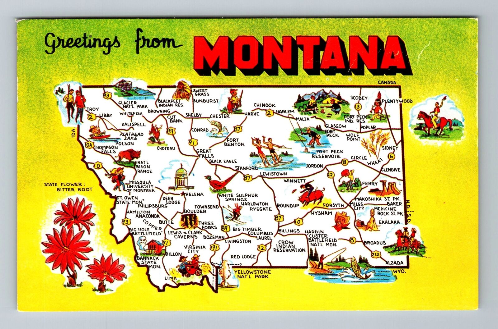 MT-Montana, Map Greetings Landmarks, Vintage c1964 Postcard