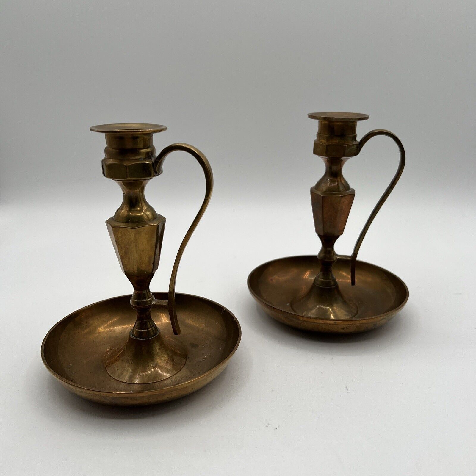 Set of 2 Vintage Solid Brass Chamber Style Finger Loop Candlestick Holder