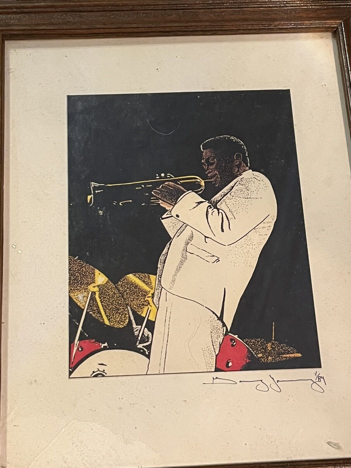 Fantastic Vtg 1989 Black Jazz Musician Playing Horn Framed Art Signed By Artist