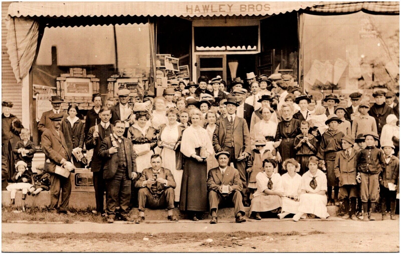 Crowd at Hawley Bros Store Jeffersonville Vermont VT 1910s RPPC Postcard Photo