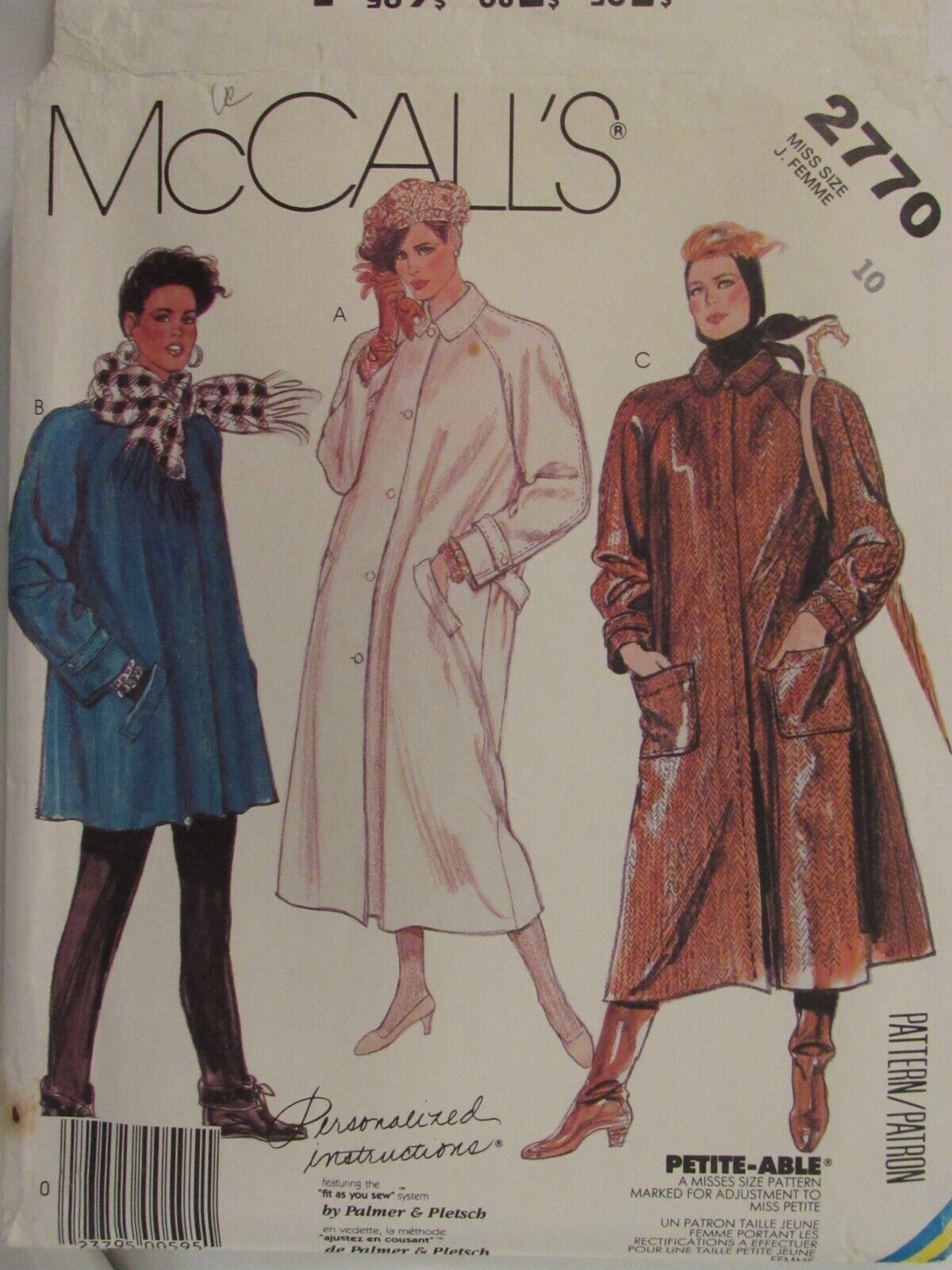 VTG 86 McCALLS 2770 MS Lined Coat in 3 Looks w Detachable Liner PATTERN 10 UC
