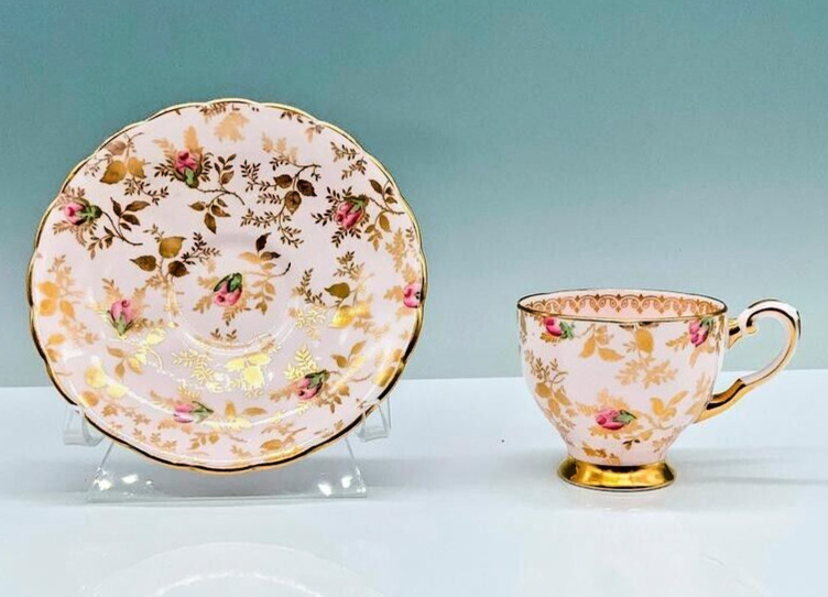 VTG Tuscan Fine English Bone China Tea Cup & Saucer Set Pink Gold Floral 8606H