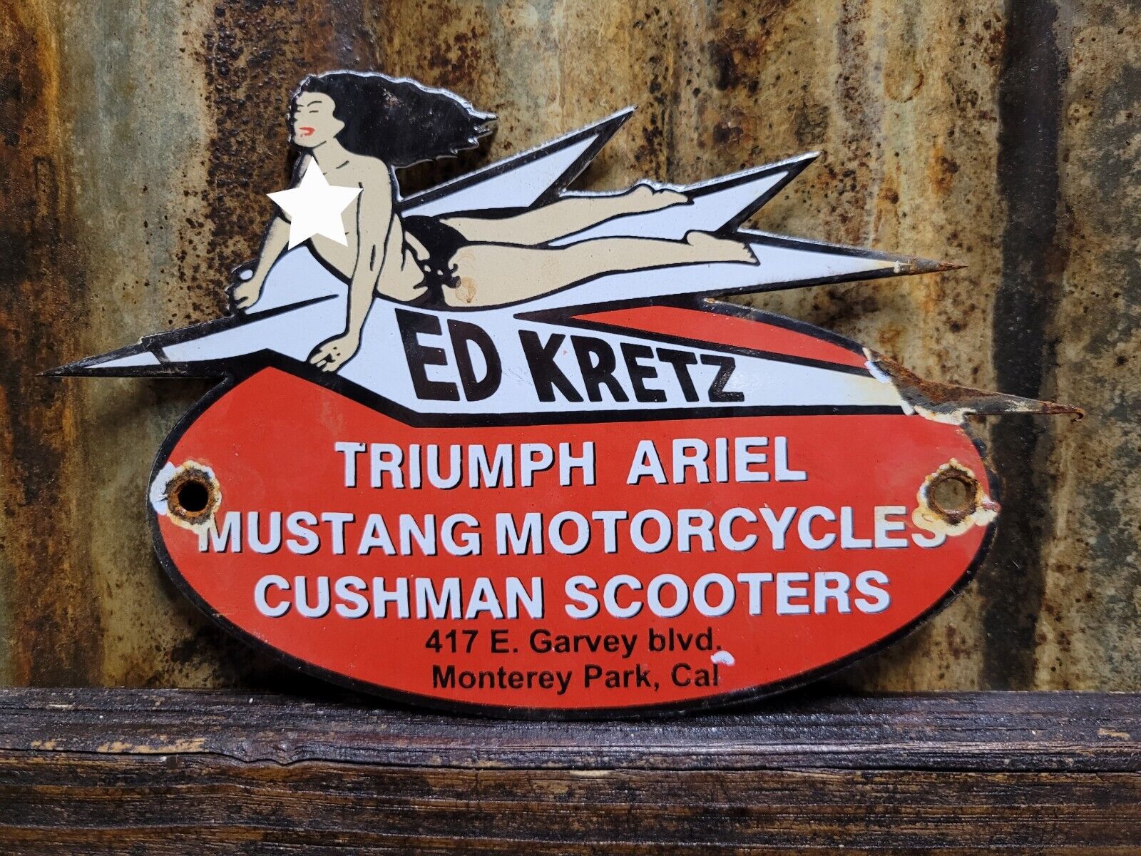 VINTAGE PORCELAIN SIGN ED KRETZ DEALER MUSTANG MOTORCYCLE ARIEL BIKE CUSHMAN