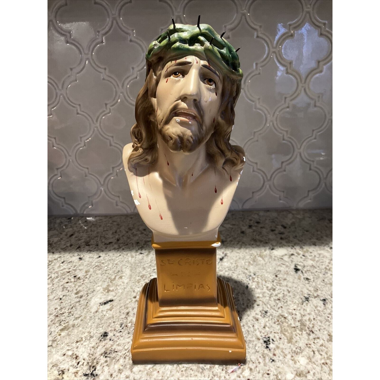 St Cristo De Limpias Columbia Jesus Statuary Chalkware Jesus Life Like Bust Vtg