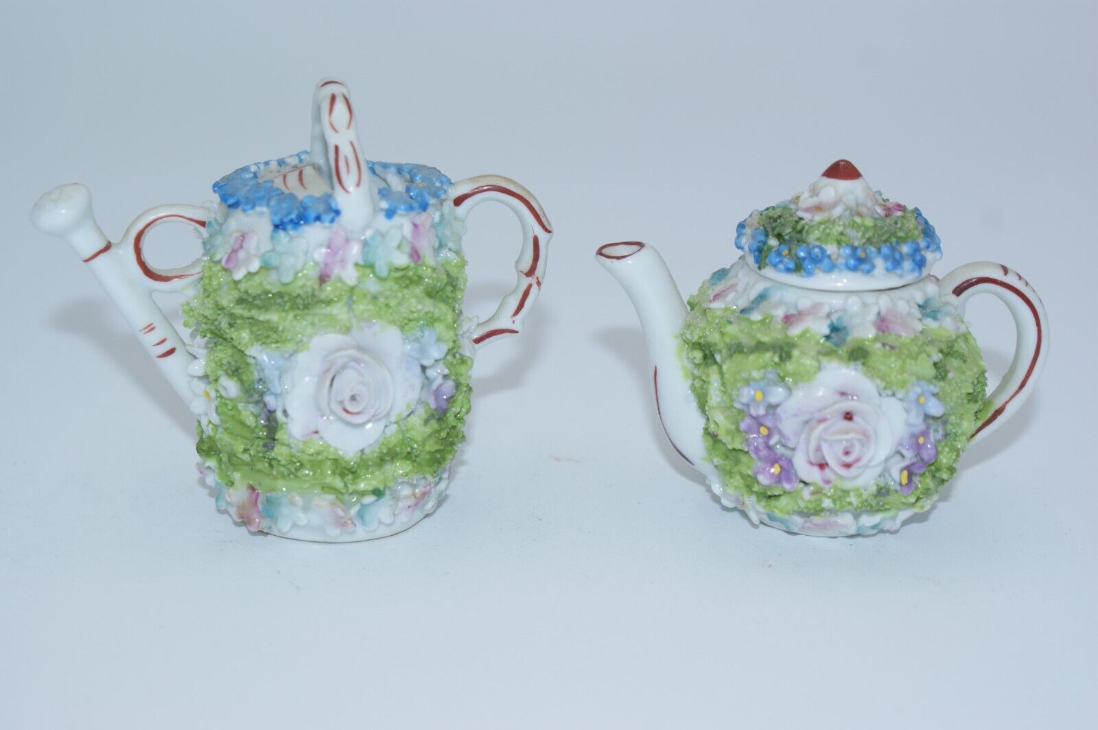 Vintage Mini Elfinware Mossware Set - Teapot, Watering Can, 3D Floral, Germany