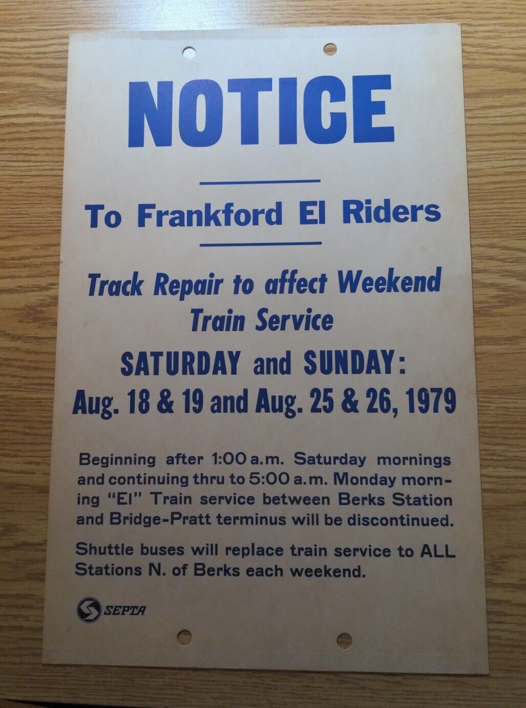 Vintage Cardboard Sign SEPTA Philadelphia Train Notice Frankford El Riders 1979