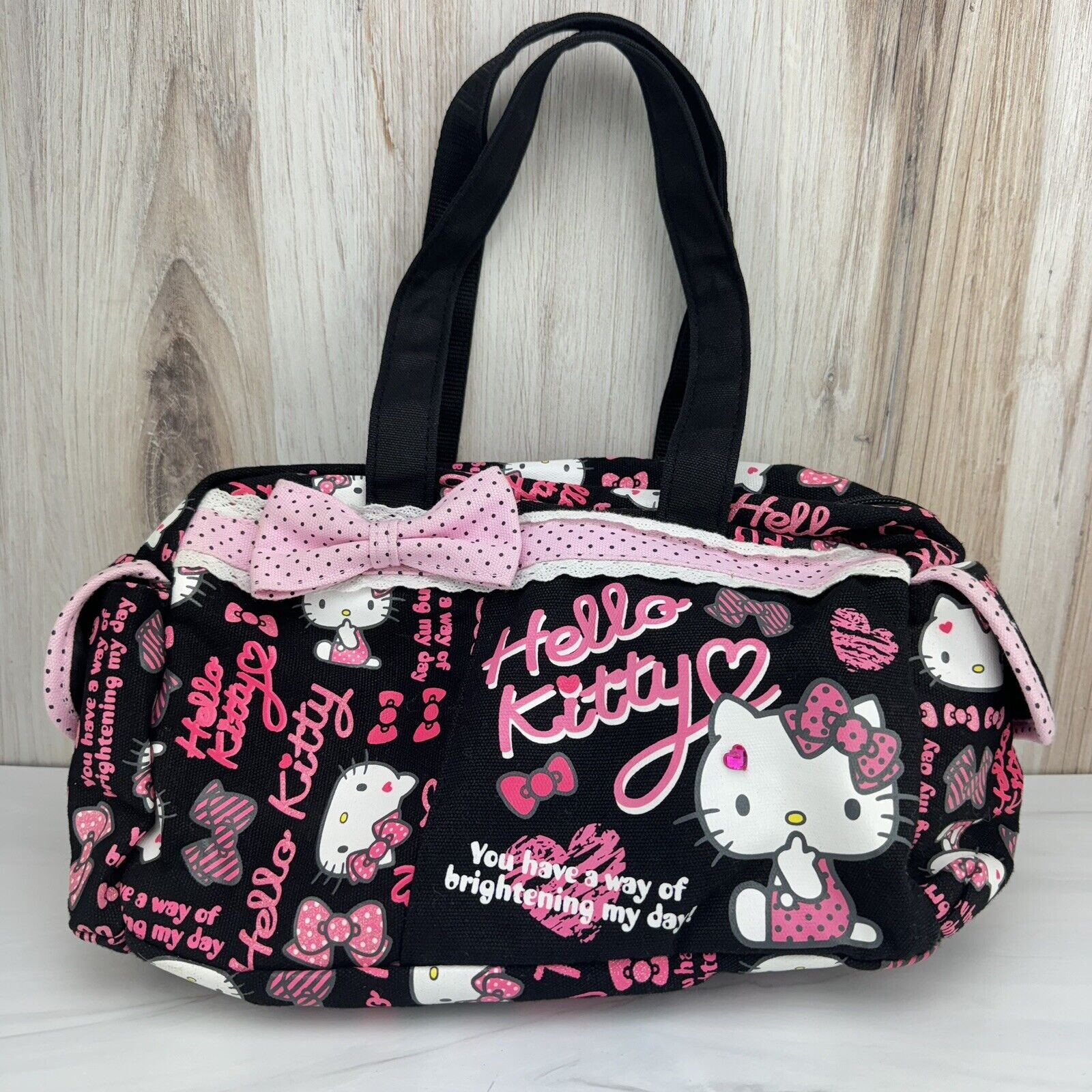 2012 Sanrio Smiles Hello Kitty Duffel Bag Purse Canvas  Tote Black Pink